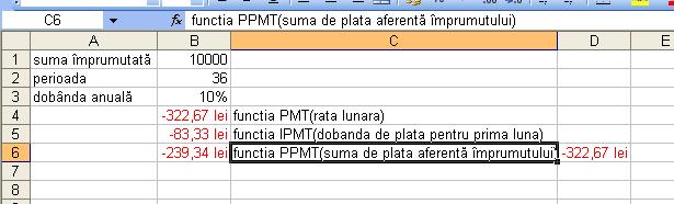 Pentru a calcula suma de plată aferentă împrumutului, pe o perioadă oarecare, dispunem de funcţia PPMT, descrisă în continuare: Funcţia PPMT (Principal payment) Returnează suma de plată aferentă