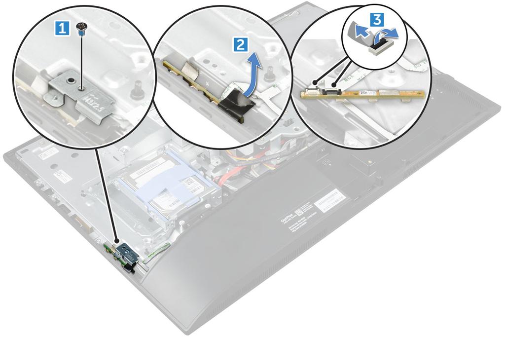 Instalarea plăcii butonului de alimentare şi a butoanelor OSD 1 Conectaţi cablul la placa butonului de alimentare şi a butoanelor OSD. 2 Fixaţi banda pe placa butoanelor OSD.