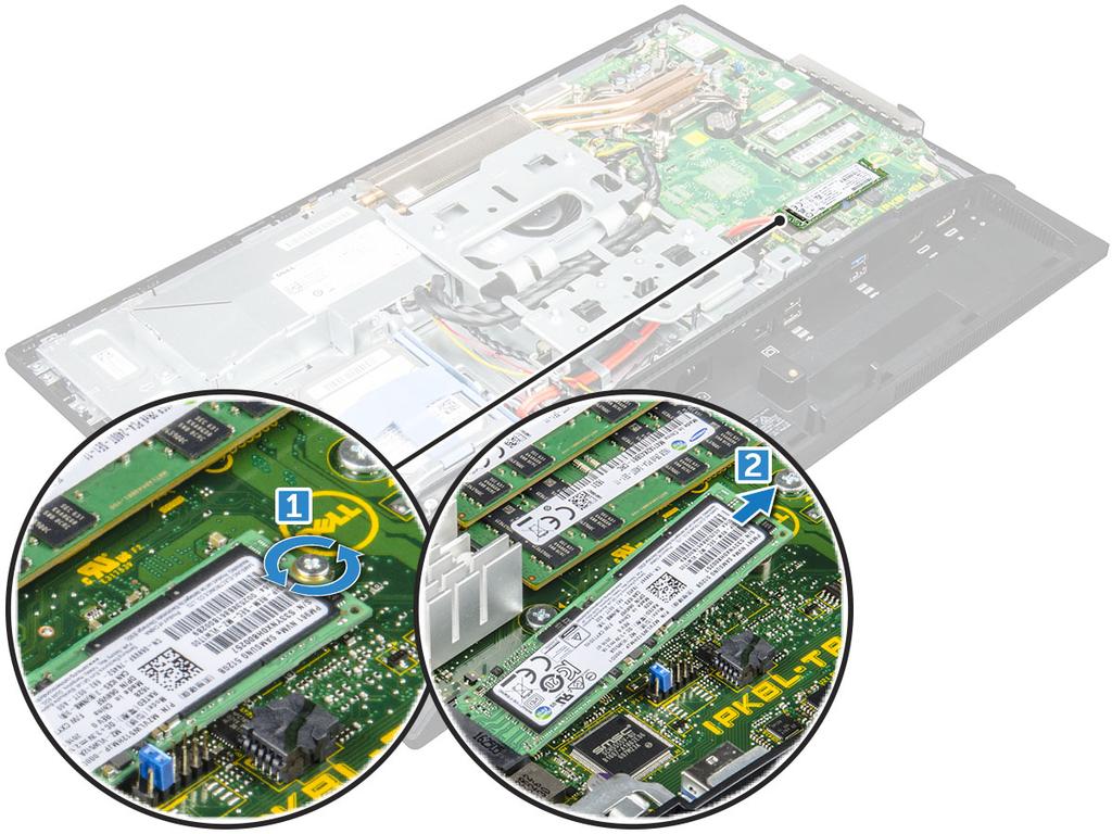 Instalarea plăcii SSD 1 Introduceţi placa SSD în conector. 2 Strângeţi şurubul pentru a fixa placa SSD pe placa de sistem.