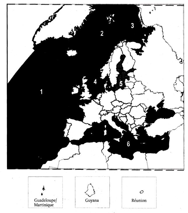 HARTA B Sistemul A: Ecoregiuni pentru apele de tranziţie şi apele de coastă 1. Oceanul Atlantic 2. Marea Norvegiei 3. Marea Barens 4. Marea Nordului 5. Marea Baltică 6.