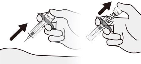 Pasul 8 Sfârşitul injectării, îndepărtaţi seringa Pasul 9 Aruncaţi seringa şi capacul Trageţi seringa din locul de injectare la acelaşi unghi cu cel de introducere şi luaţi degetul mare de pe piston.