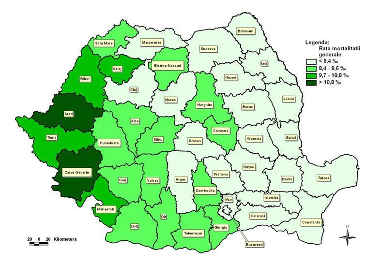 În anul 1966 mortalitatea cea mai ridicată s-a înregistrat în judeţele din sudvestul ţării: Arad (11,5 ), Caraş-Severin (10,9 ), Timiş (10,6 ) şi Mehedinţi (10,3 ).