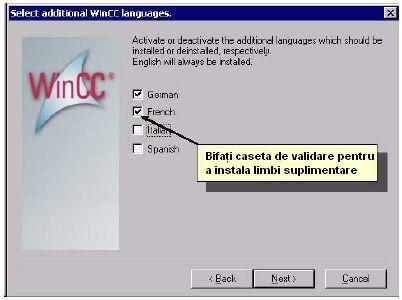 Figura 2.3: Instalarea WinCC, Selectarea Limbi. După aceea faceţi clic pe butonul "Next".