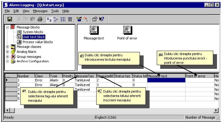 Figura 5.3: Proiect WinCC "Qckstart"; Configurarea textelor mesajului de alarmă 5.