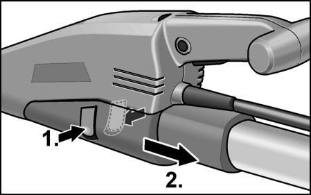 Atasati tubul de extensie in partea inferioara a carcasei slefuitorului (1) si impingeti in fata pana cupleaza (2) Pentru a deconecta, apasati ambele