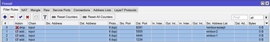 Metoda 2 Port Knoking /ip firewall filter add action=drop chain=input dst-port=8291 protocol=tcp src-address-list=!