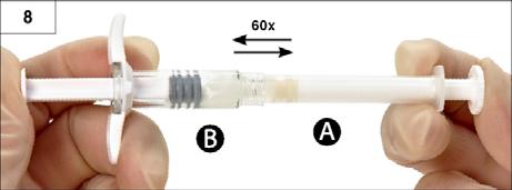 Etapa 8: Amestecaţi cu atenţie produsul prin împingerea uşoară a conţinutului ambelor seringi înainte şi înapoi, între cele două seringi (de aproximativ 60 de ori în total, adică o durată aproximativ