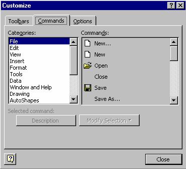 Lucrul în mediul Excel Figura 1.5 fereastra de dialog Customize - sec\iunea Commands Pentru a ad[uga un buton nou pe o bar[ de instrumente: 1. Se aplic[ comanda View, Toolbars, Customize 2.