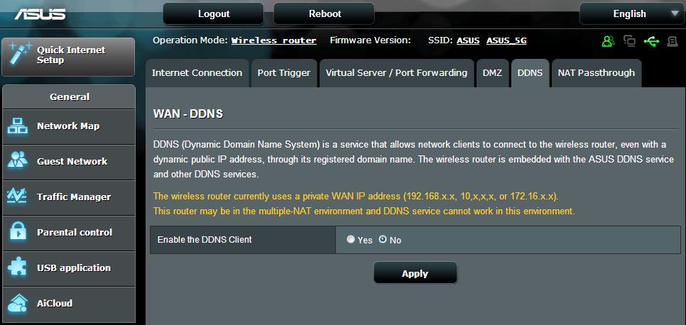 4.3.5 DDNS Configurarea DDNS (Dynamic DNS - DNS dinamic) vă permite să accesaţi ruterul din exteriorul reţelei prin intermediul serviciului ASUS DDNS sau al unui alt serviciu DDNS.