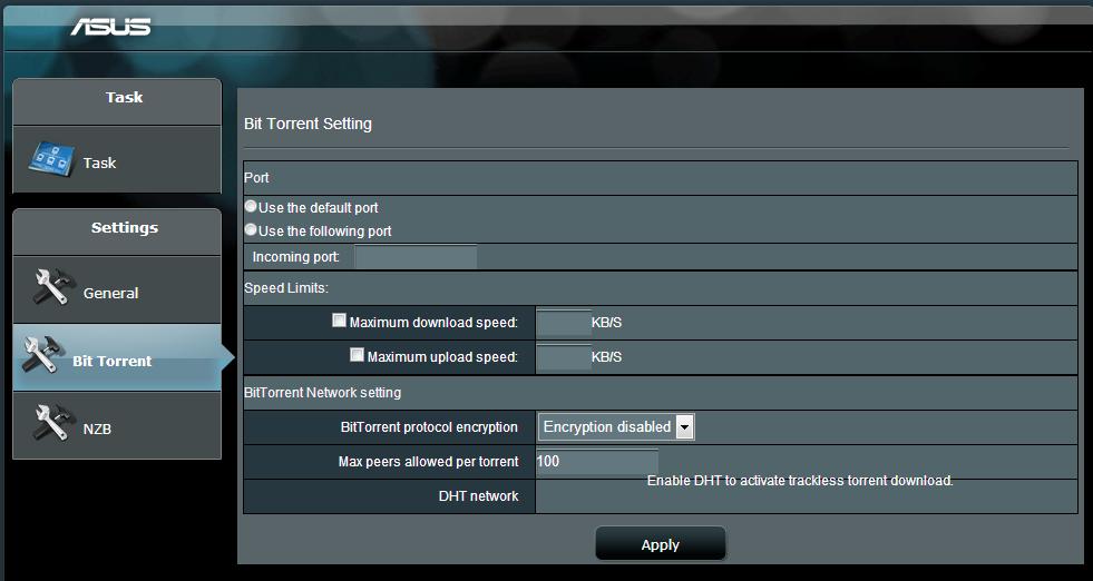 Din panoul de navigare al Download Master, faceţi clic pe Bit Torrent pentru a lansa pagina Bit Torrent Setting (Setări Bit Torrent). 2.