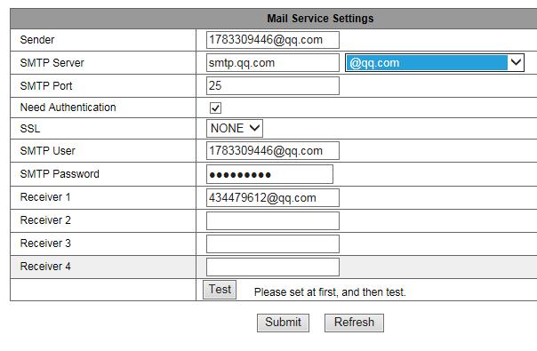 7. Mail service settings: selectati daca doriti avertizarea prin email la detective miscare si adresele de email pentru expeditor si destinatar (ambele