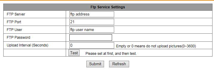 FTP service settings: setati adresa FTP dorita pentru transmiterea imaginilor rezultate in urma unei alarme.