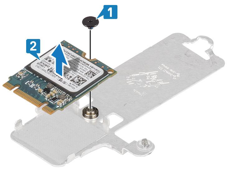 4 Întoarceți placa termică. 5 Scoateți șurubul individual (M2x2) care fixează unitatea SSD pe placa termică [1]. 6 Scoateți prin ridicare unitatea SSD de pe placa termică [2].
