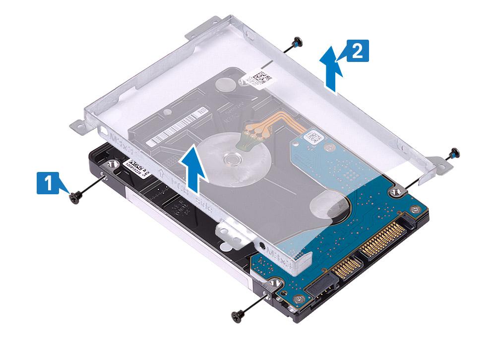 2 Scoateți cele patru șuruburi (M3x3) care fixează suportul hard diskului pe hard disk [1]. 3 Scoateți prin ridicare suportul hard diskului de pe hard disk [2].