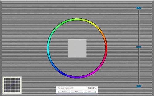 Butonul Previous (anterior) este dezactivat până la al doilea ecran de culoare. Next (următor) trece la următoarea ţintă (6 ţinte).