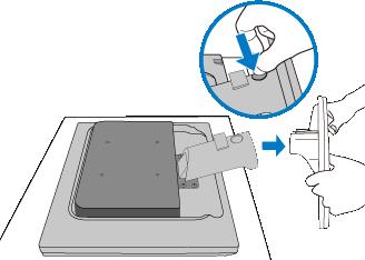 Detaşarea suportului Aşezaţi faţa monitorului pe o suprafaţă sigură, apăsaţi pe butonul de eliberare şi trageţi suportul din carcasa monitorului.