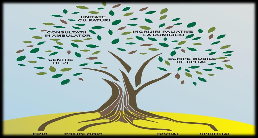 Copacul îngrijirii paliative Radacinile lui reprezinta cele 4 elemente ale ingrijirii holistice: Cand aceste radacini se unesc, copacul ingrijirii