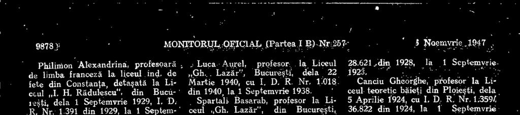 Martie 190, cu J D R Nr 18 din 190 la 1 Septemvrie 1938 Spartaili Basarab, profesor la Liceul,,Gh Lazar", din Bucuresti, dela 15 Noemyrie 1931, grin I D R Nr 39/1955 diri 191, la 1 Septemyrie 199,