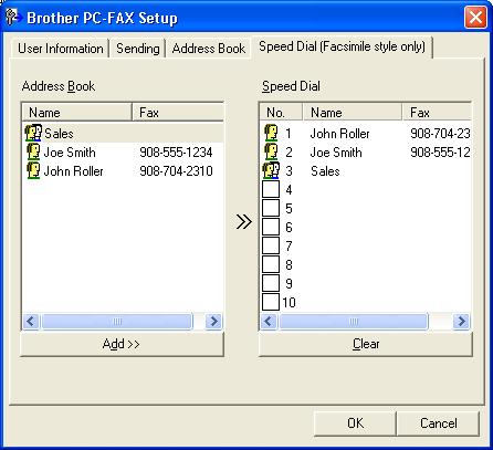 Software-ul Brother PC-FAX (doar la modelele MFC) Instalarea apelării rapide 6 Din caseta de dialog Brother PC-FAX Setup (Instalare PC-FAX Brother), faceţi clic pe fila Speed Dial (Facsimile style