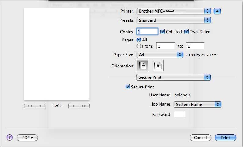 Imprimarea şi comunicarea prin fax Imprimarea securizată (Mac OS X 10.5.x 10.6.x) 8 Documentele securizate sunt documente protejate prin parolă în momentul trimiterii către aparat.
