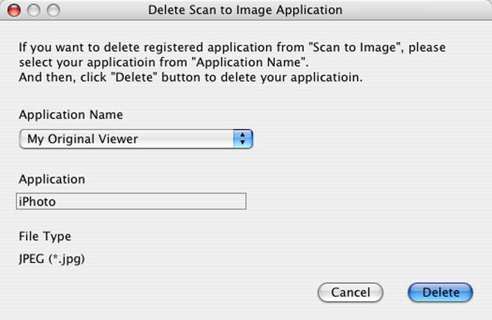 ControlCenter2 Puteţi şterge o aplicaţie pe care aţi adăugat-o. Selectaţi Application Name (Nume aplicaţie) şi faceţi clic pe butonul Delete (Ştergere).