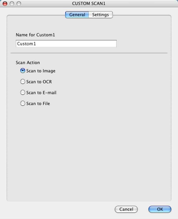 ControlCenter2 Scanarea către imagine 10 Fila General (General) Introduceţi un nume în Name for Custom (Nume pentru personalizare) (maxim 30 de caractere) pentru a crea numele butonului.
