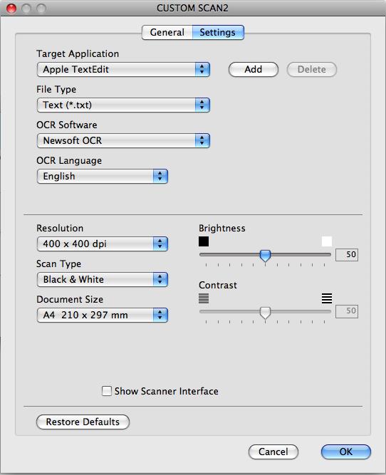 ControlCenter2 Fila Settings (Setări) Alegeţi setările pentru Target Application (Aplicaţie ţintă), File Type (Tip fişier), OCR Software (OCR Software), OCR Language (Limbă OCR), Resolution