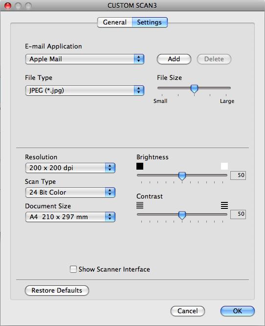 ControlCenter2 Scanarea către e-mail 10 Fila General (General) Introduceţi un nume în Name for Custom (Nume pentru personalizare) (maxim 30 de caractere) pentru a crea numele butonului.