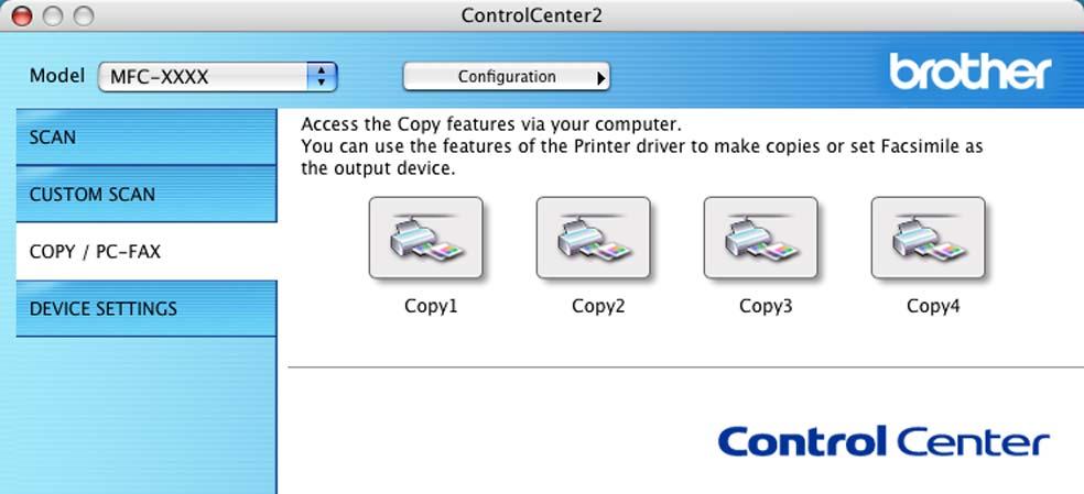 ControlCenter2 COPY / PC-FAX (doar modelele MFC) 10 COPY - Vă permite să folosiţi calculatorul Macintosh şi orice driver de imprimantă pentru operaţii de copiere avansate.
