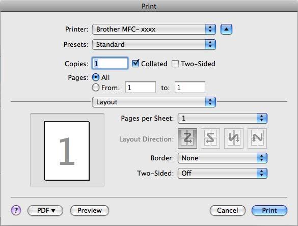 ControlCenter2 (Mac OS X 10.4.11) Pentru a copia, selectaţi Copies & Pages (Copii şi pagini) din meniul pop-up. Pentru a trimite fax, selectaţi Send Fax (Trimitere fax) din meniul pop-up.