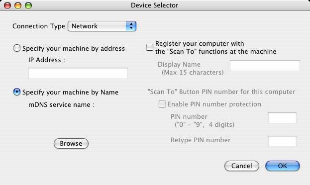Scanare în reţea Configurarea scanării în reţea (Macintosh) 13 Dacă doriţi să scanaţi de pe un aparat aflat într-o reţea, trebuie să alegeţi aparatul din reţea în aplicaţia Device Selector (Selector