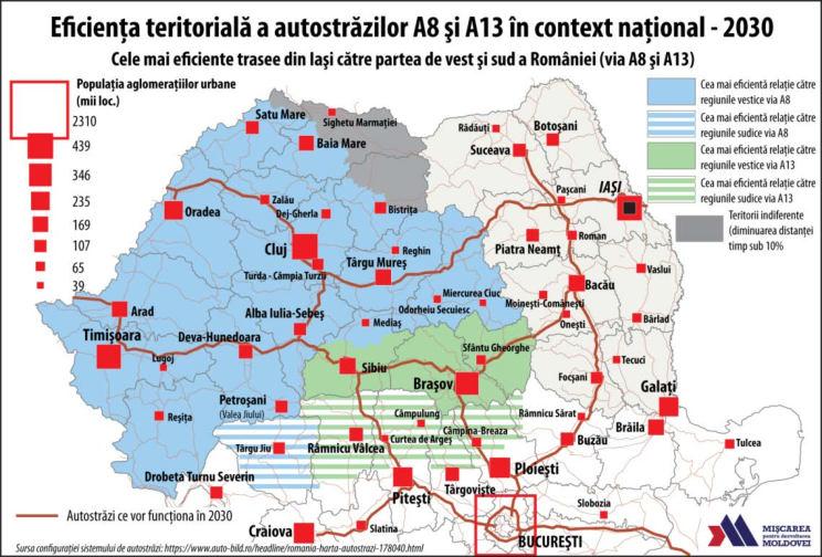 Fig. 6: Cele mai eficiente trasee din Iaşi către partea de vest şi de sud a României (via A8 şi A13) (Autor: George Ţurcanaşu) Fig.