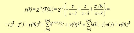 respectiv de functia de transfer discreta Daca la intrarea sistemului se aplica un impuls unitar discre: Din ecuatia de transfer intrare-iesire, aplicand transformata Z inversa rezulta Rezulta din