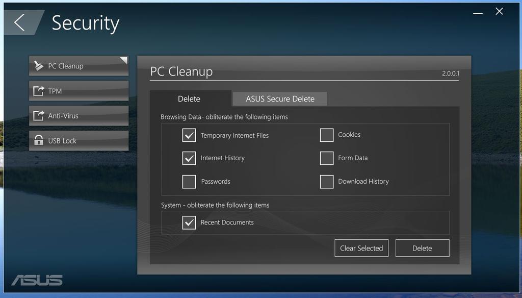 Securitatea Faceţi clic pe Security (Securitate) în ecranul principal ASUS Manager pentru a accesa utilitarele PC Cleanup şi USB Lock.
