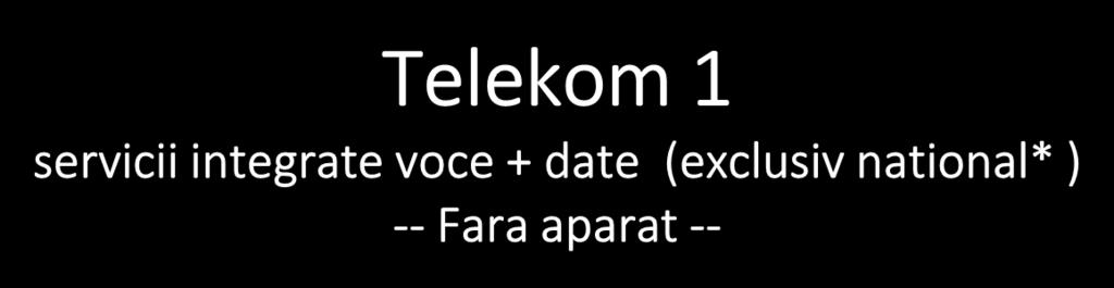 Telekom 1 (exclusiv national* ) -- Fara aparat -- DOAR pentru activari noi Abonament principal NELIMITAT minute si SMS-uri in reteaua Telekom 60 Minute naționale 40 SMS-uri naționale Trafic