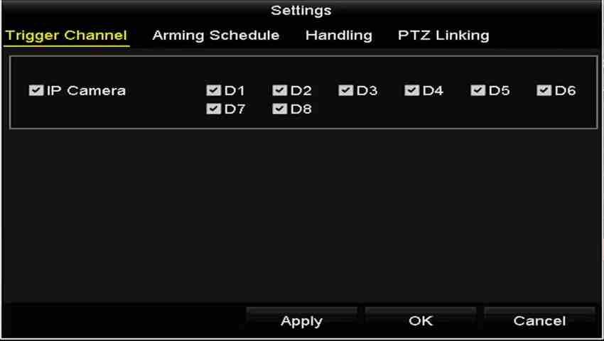 Figura 9 15 setarea camerelor de declanșare a POS Pasul 4: Faceți clic pe fila Trigger Channel și selectați unul sau mai multe canale de înregistrat sau de activare a monitorizării pe tot ecranul la