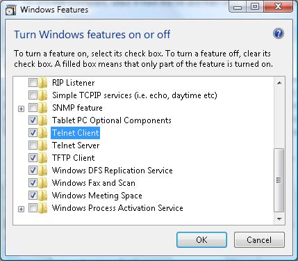 3. Selectaţi Activare sau dezactivare caracteristici Windows. 4. Bifaţi opţiunea Client Telnet şi apoi apăsaţi pe butonul OK. Fişă de specificaţii pentru funcţia RS232 prin TELNET : 1. Telnet: TCP. 2.