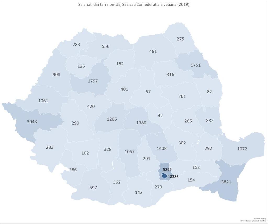 6. Perspectivele instituțiilor publice asupra integrării imigranților în România Harta 6.7. Salariați din țări non-ue, SEE și Confederația Europeană; Județul Ilfov = 5899, București 18.