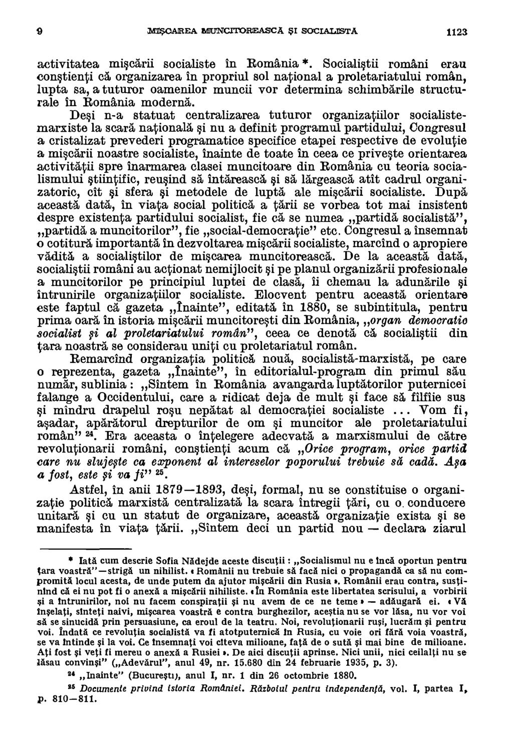 9 Wrg.CAIREA INIRYNCrl'OREASICA I SOCIALISTA 1123 activitatea mi carii socialiste in Romania *.
