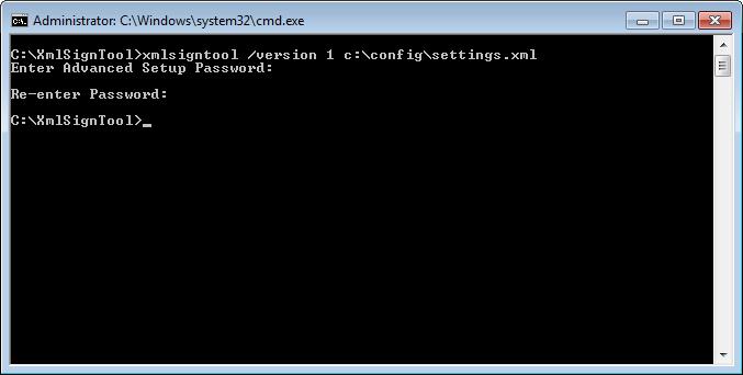Comanda de semnare a fișierului de configurație exportat: xmlsigntool /version 2 c:\config\settings.