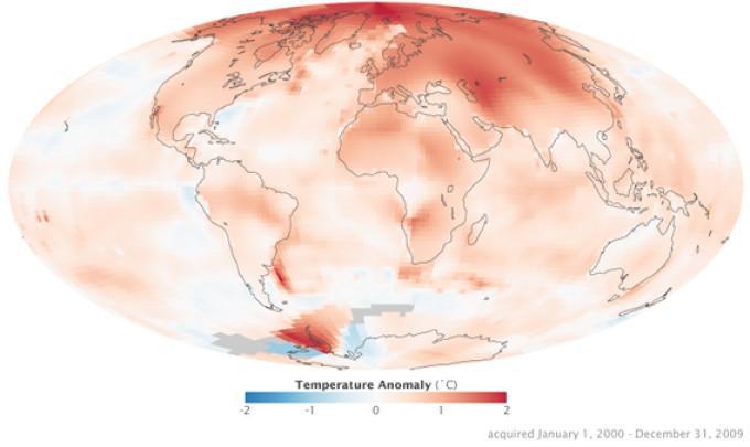 Figura VIII.1.5.1 Harta încălzirii în perioada 1 ianuarie 2000-31 decembrie 2009 in comparatie cu perioada 1951-1980. foto: earthobservatory.nasa.