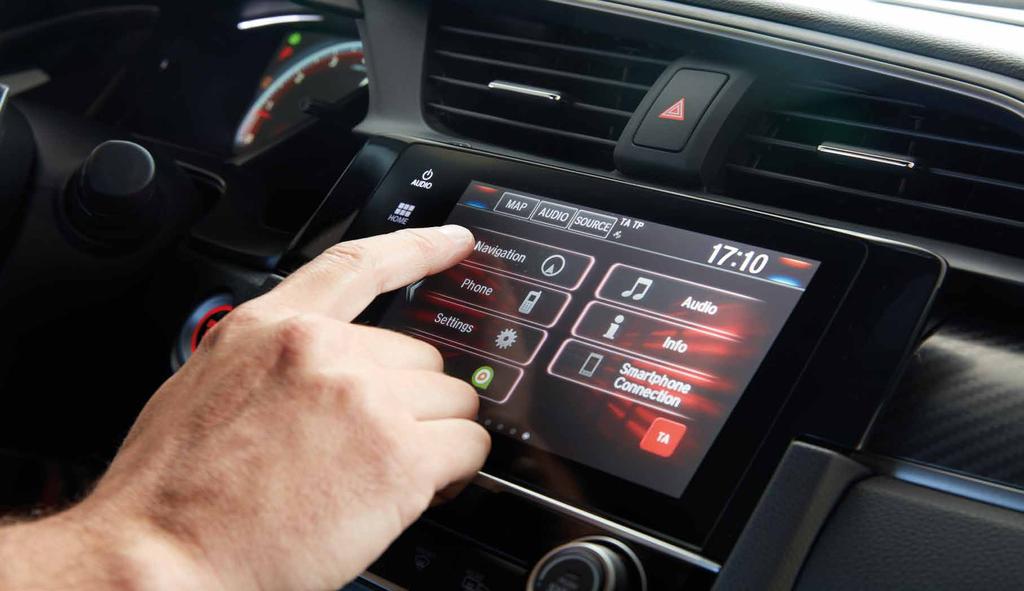 Honda connect Civic integrează noul sistem multimedia Honda CONNECT cu ecran touchscreen 7 *, cu radio digital DAB, Apple Carplay și Android Auto **.