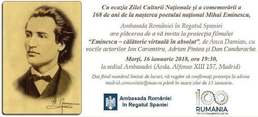 Regatul Spaniei și organizațiile românilor din Spania pentru marcarea Centenarului Marii Uniri debutează cu Ziua Culturii Române, ce se celebrează în fiecare an la 15 ianuarie, data nașterii poetului