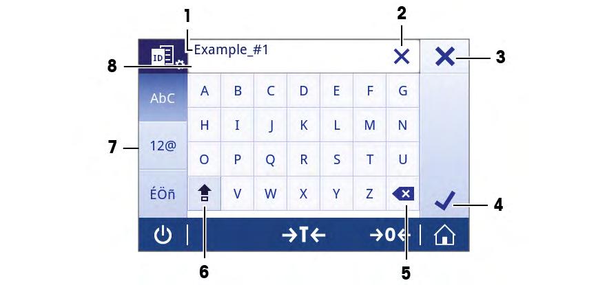 2.1.2 Inmatningsdialoger 2.1.2.1 Mata in tecken och siffror Tangentbordet används för att mata in tecken som bokstäver, siffror och ett urval specialtecken.