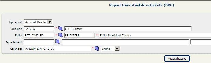 3.15.2.2 Raport trimestrial de activitate (DRG) Utilizatorul selectează submeniul Raport trimestrial de activitate (DRG). SIUI afişează un ecran în care se pot introduce parametrii pentru raport.