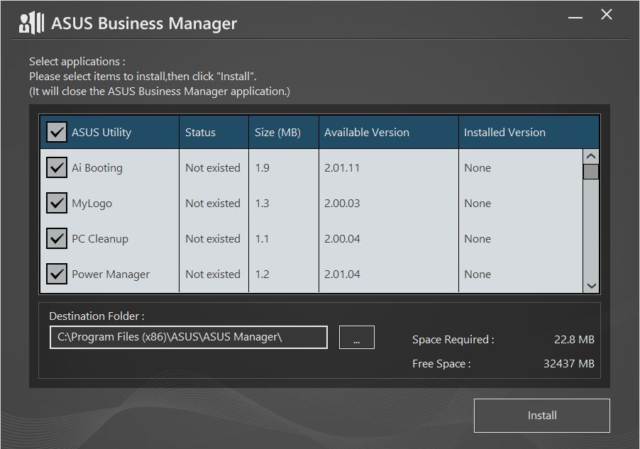 În fereastra CD-ului de asistenţă, faceţi clic pe Utilities (Utilitare) > ASUS Business Manager 3.