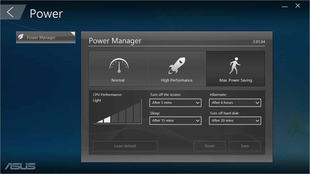 Alimentare Faceţi clic pe Power (Alimentare) din ecranul principal ASUS Manager pentru a configura setările de gestionare a alimentării.