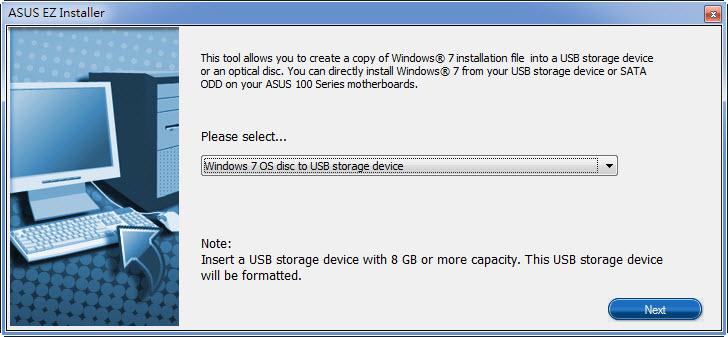 De pe un disc cu SO Windows 7 pe un dispozitiv de stocare USB a) Selectaţi Windows 7 OS disk to USB storage device (De pe un disc cu SO Windows 7 pe un dispozitiv de stocare USB) şi apoi faceţi clic