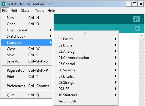 Figura 1.4 Exemple de programe din Arduino IDE Se pot deschide, pentru început, programe din 01. Basics, pentru a verifica compilarea şi programarea platformei Arduino Uno.