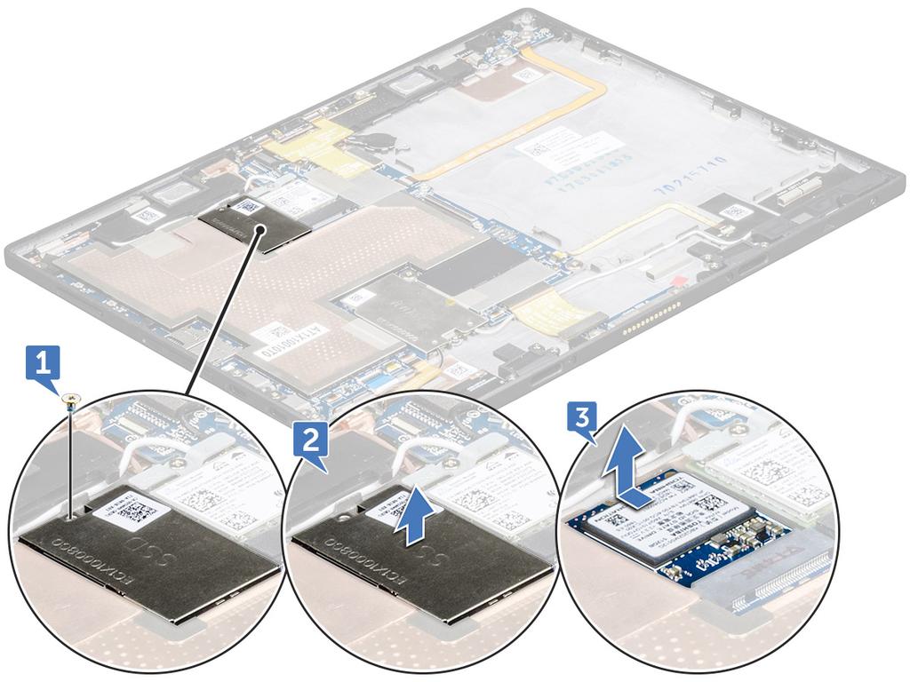 a b c cartela microsim şi cartela microsd panoul afişajului baterie 3 Pentru a scoate modulul SSD: a Scoateţi şurubul M2 x 2,0 (1) care fixează protecţia SSD [1].